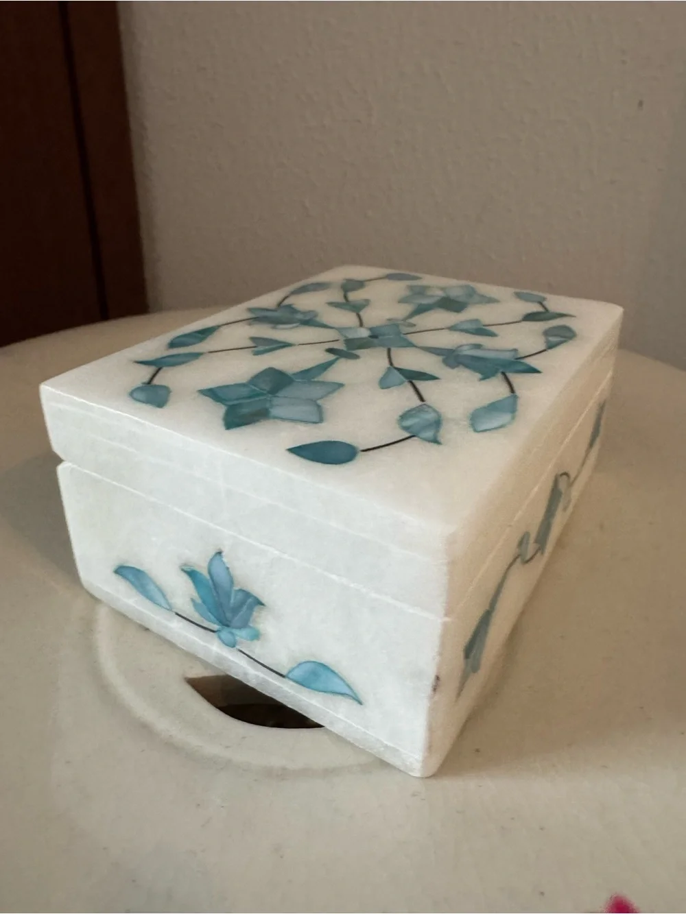 Handcrafted White Marble Jewelry Box with Blue Floral Inlay